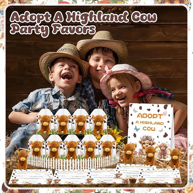 38 Pcs Adopt a Highland Cow Plush Party Favors Include 12 Highland Cows Stuffed Animal 12 Adoption Card 12 Cattle Theme Boxes 1 Adoption Sign 1 Fence for Birthday Party Favors Stress Relief Gifts