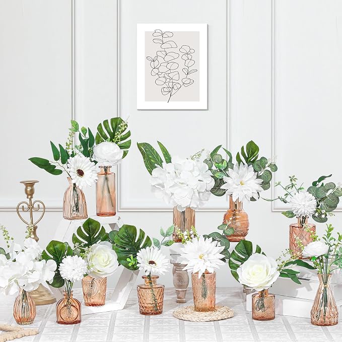 FoldTier 108 Pcs Artificial Flowers in Vase 96 Pcs Faux Greenery Stem Table Centerpiece Fake Plants Silk Roses Arrangement 12 Pcs Glass Vase Sets for Wedding Bathroom Home Dining Decor(Champagne)