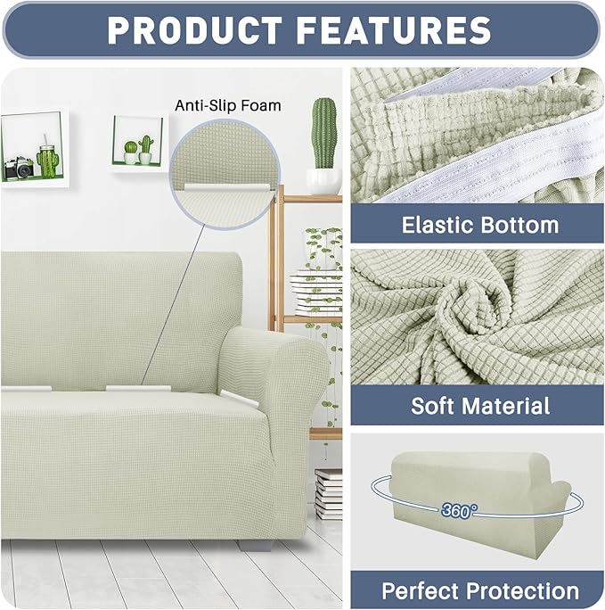 JIVINER High Stretch Loveseat Sofa Slipcovers 1-Piece Jacquard Couch Covers for 2 Cushion Couch Furniture Protector Washable Sofa Covers for Kids Pets Small Checks (Loveseat, Natural)