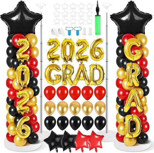 2 Sets Graduation Balloon Column Stand Kit with Balloons Prom Send off 2026 Grad Prom Themed Decor Black Red Balloon Tower Stand for Floor Grad School & College Celebration Party Supplies