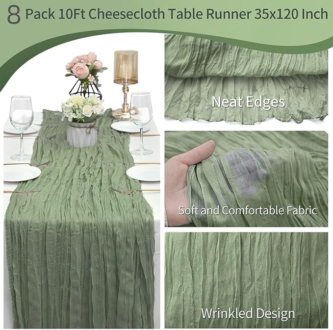 8 Pack Sage Green Cheesecloth Table Runner 10Ft Gauze Cheese Cloth Table Runner 35x120 Inch Boho Table Runners for Wedding Banquet Birthday Party Baby Bridal Shower Engagement Picnic Home Table Decor