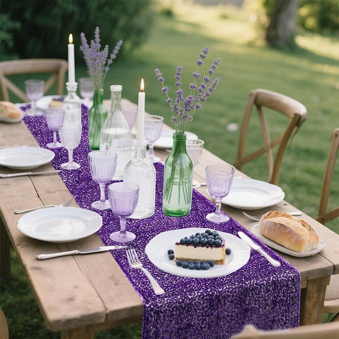 2 Packs 12 x 72 inches Sequin Table Runner, Purple Glitter Table Runner for Birthday Party Supplies Wedding Engagement Baby Shower Holiday Celebration Event Decorations
