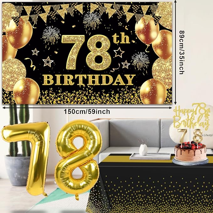 78th Birthday Decorations Men Women with 78th Birthday Banner, Black and Gold Table Cloth, Number Balloons,Sash, Cake Topper and Candles