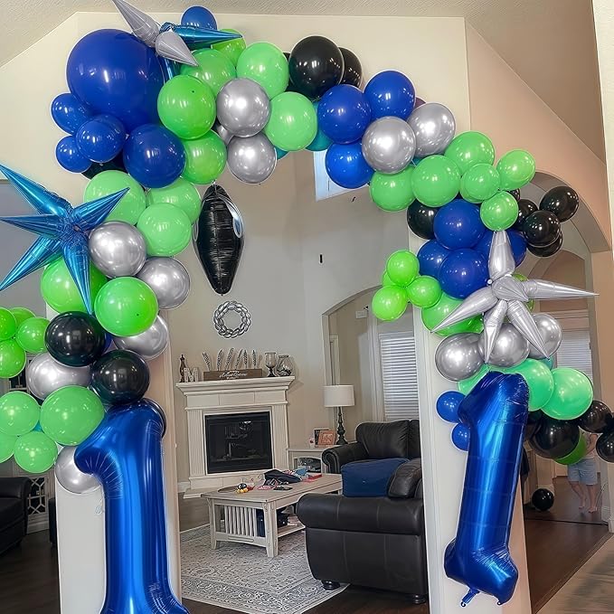 Video Game Balloon Arch Garland Kit, 125pcs Dark Blue and Green Black Silver Balloon with Royal Blue Silver Explosion Star Foil Balloons for Boys Gaming Night Birthday Baby Shower Party Decorations