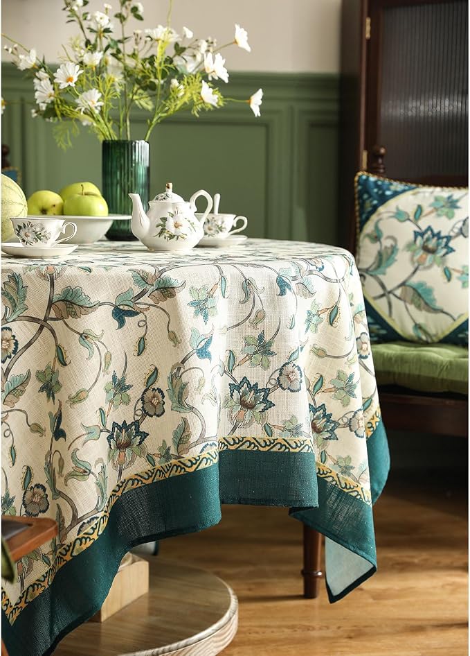 patdrea Vintage French Linen Tablecloth,Square,67"x67"-Noah | Heavyweight Floral Table Cloth for Square Table,Botanical Green Pattern,for Dining Room Tea Party Thanksgiving