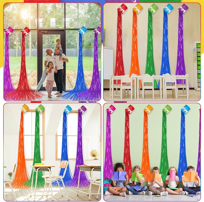 6 Set Art Paint Party Decoration Back to School Paint Cans with Rainbow Foil Fringe Curtains Art Theme DIY Colorful Splatter Backdrop Decoration for Birthday Classroom School Art Party Supplies