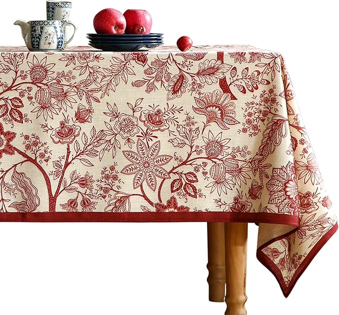 ISAENNE Designer French Linen Rectangular Tablecloth,118"x67"-Ruyi A | Vintage Elegant Long Table Cloth Rectangle Table,Red Floral Pattern,Durable,Dining Room,Kitchen,Tea Party,Thanksgiving
