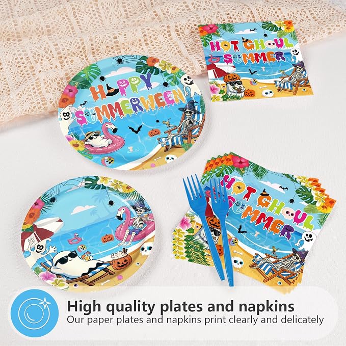96Pcs Summer Halloween Party Decorations Halloween in Summer Plates and Napkins Tableware Set Spooky Tropical Beach Pool Decorations for Hallows' Eve Hawaii Birthday Supplies Serves 24