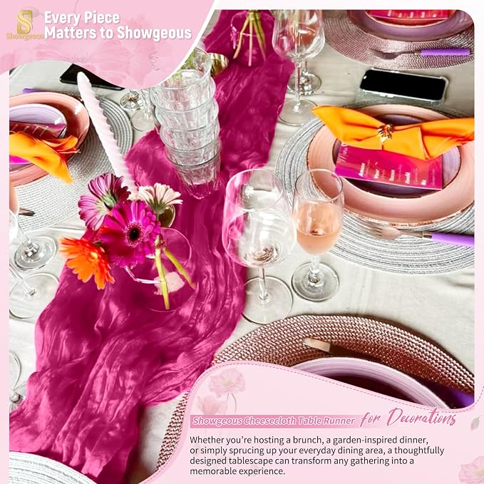 4 Pack Fuschia Cheesecloth Table Runner 17 x 108 inch Boho Gauze Table Runner Rustic Sheer Cheese Cloth Table Decorations for Wedding Party Baby Bridal Shower Birthday Holiday Home