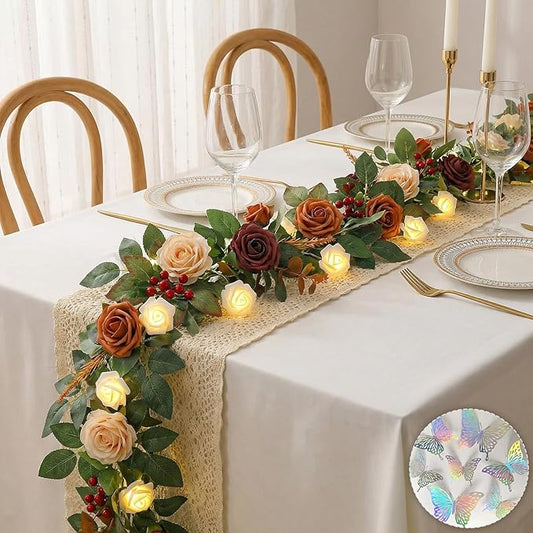 5.5FT Artificial Flower Garland Terracotta Rose & Greenery for Wedding Arch Backdrop Table Centerpiece Mantel Decor, with Rose String Lights & 3D Butterflies