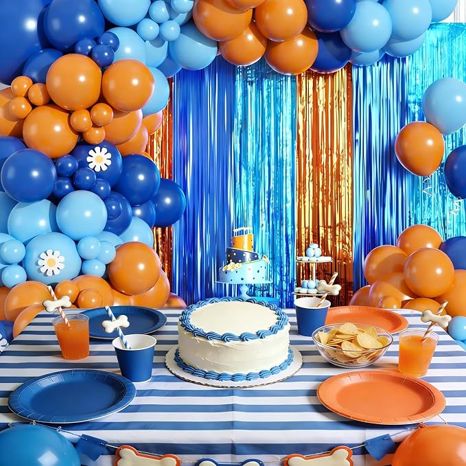 Blue Orange Balloon Arch Garland Kit Birthday Party Decorations, Orange Blue and Light Blue Foil Fringe Curtains Backdrop Tinsel Streamers Banner Photo Booth Props Dog Themed Party Decor Supplies