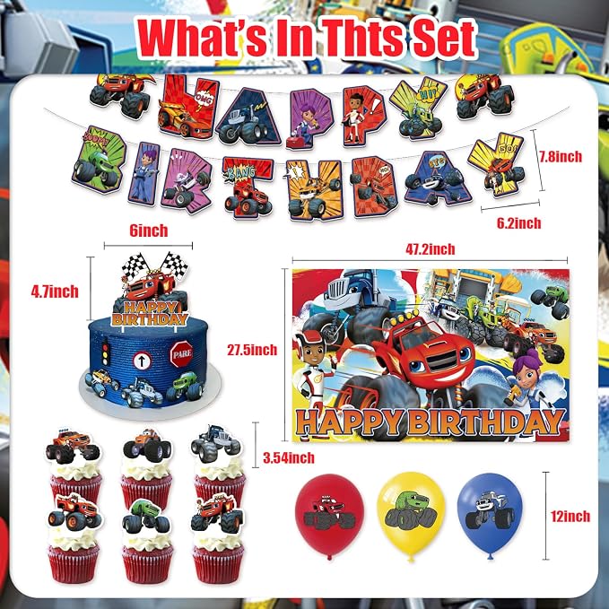 42Pack Blaze and the monster Party Supplies Kit Set Include Banner ,Cake Topper ,Backdrop ,Balloons for Party Decorations (YE4)