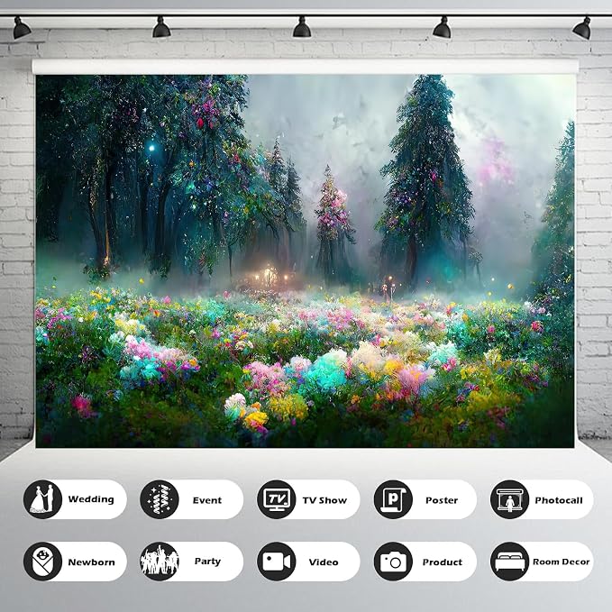Fantasy Forest Backdrop Evening Light Magic Field Photography Background Abstract Deep Jungle Rainforest Landscape Backdrop Decors Misty Foggy Night Meadow Lush Flowers Background Props 15x10ft