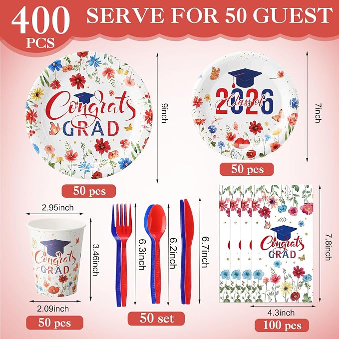 400 Pcs 2026 Red White Blue Graduation Decoration for 50, Red Blue Floral Graduation Paper Plates Napkins Cups Cutlery Flower Grad Tableware for Class of 2026 Congrats Grad Party Supply