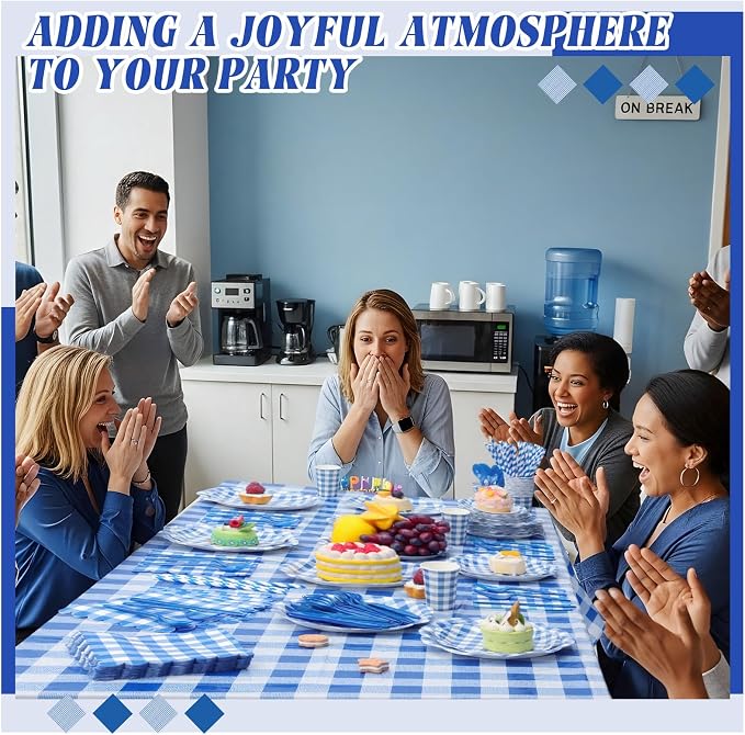 Funnymoom 452 Pcs Blue Gingham Party Supplies for 50, Dark Blue and White Gingham Checkered Paper Plates Napkins Cups Tablecloth Cutlery Straws for Birthday Family Picnic Barbecue Party Decoration