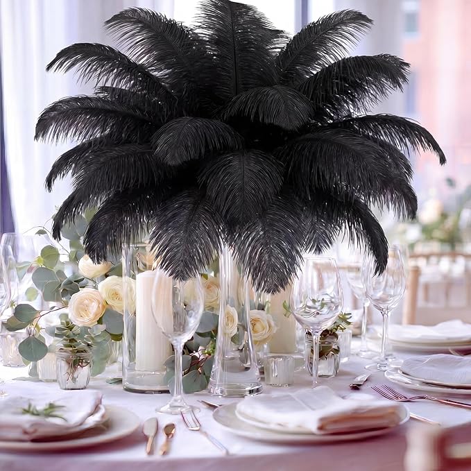 Maitys 90 Pcs Large Natural Ostrich Feathers Bulk 14-16 Inch (35-40cm) 12-14 Inch (30-35cm) 10-12 (25-30cm) Ostrich Feathers Plumes for Centerpieces Wedding (Black)
