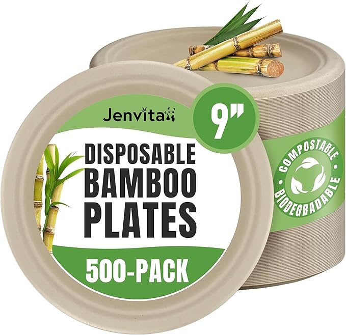 Bamboo Compostable Dinner Plates (500-Pack, 9-inch) | Sturdy & Microwave Safe | Heavy Duty Plates Disposable | PFAS Free, Biodegradable | FSC Certified Alternative to Plastic