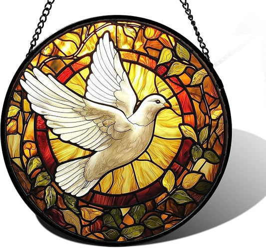 DASTOLL Stained Glass Window Hanging, Flying White Dove Sun Catchers Diamond Glass Panel Hangings Cute Birds Suncatcher Decor for Birthday for Women, Men, Wife, Aunt, and Mom 9.8X9.8 in