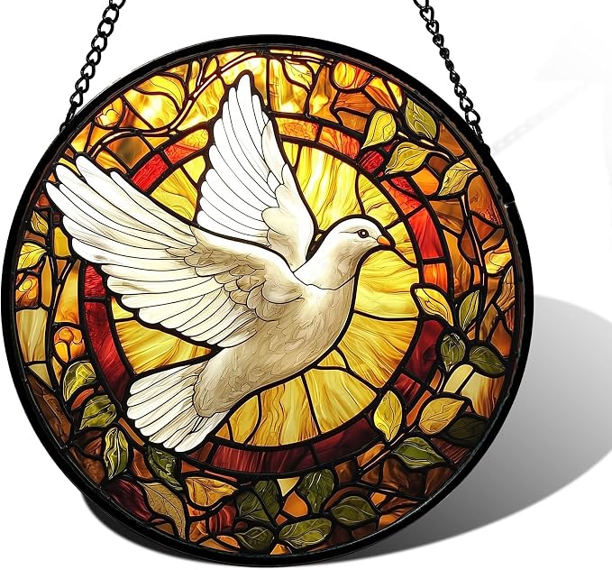 DASTOLL Stained Glass Window Hanging, Flying White Dove Sun Catchers Diamond Glass Panel Hangings Cute Birds Suncatcher Decor for Birthday for Women, Men, Wife, Aunt, and Mom 6.3 in