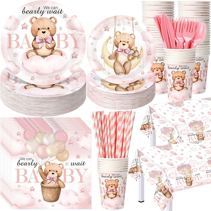 Funnymoom 452 Pcs 50 Guests We Can Bearly Wait Baby Shower Decorations Girl, Blue Baby Girl Shower Paper Plates Napkins Cups Tablecloth Cutlery Straws Tableware Set for Gender Reveal Party Supplies