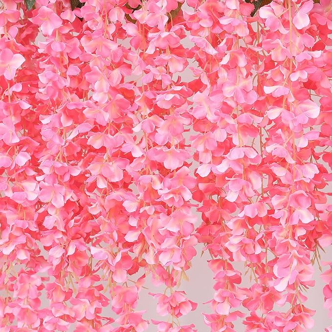 Duovlo 12 Piece Artificial Silk Wisteria Vine 3.6 Feet Ratta Hanging Flower Garland String Home Party Wedding Decor (Dark Pink)