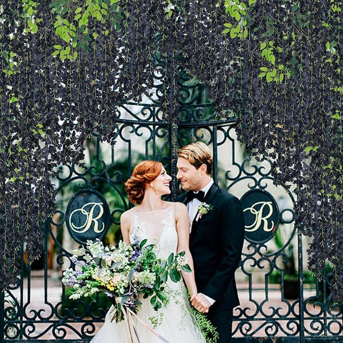 48 Pack Artificial Wisteria Hanging Flowers Fake Wisteria Flower Garland Silk Vines Rattan Decor for Home Wedding Arch Wall Garden Greenery Bedroom Outdoor Office Party Decoration (Black)