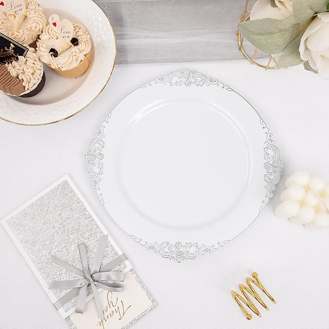 102PCS White and Silver Plastic Plates - Heavyweight Silver Plate - Wedding Plate with Silver Rim - Fancy Dinner & Dessert Plates for 51 Guests Weddings & Parties (Pack of 2)