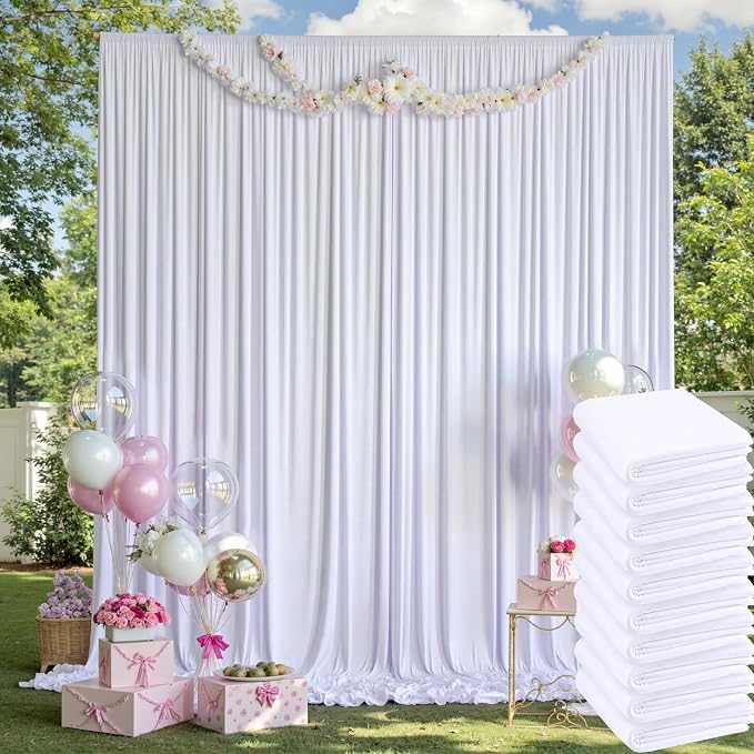 50ft x 14ft Wrinkle Free White Backdrop Curtains for Parties, 10 Panels 14FT Long Photo Backdrop Drapes Silky Polyester Back Drop Cloth for Wedding Birthday Photography Background Decor