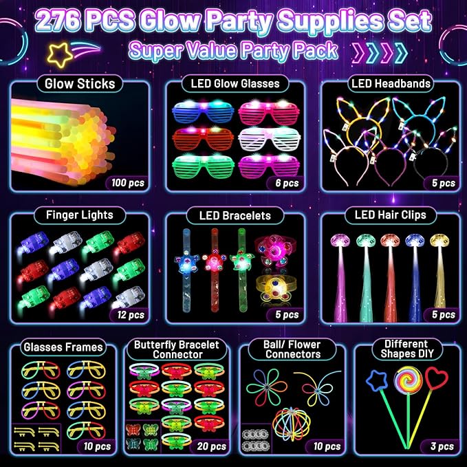 276 PCS Glow in the Dark Party Supplies, Light Up Party Favors ,Neon Glow Party Supplies with Glow Sticks, Light Up Glasses, Headband, Finger Lights, Bracelet, LED Hair Clips