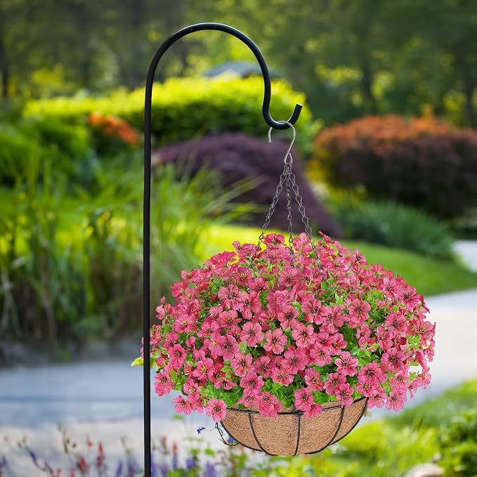 AGIRL Artificial Hanging Flowers with Baskets for Outdoors,UV Resistant Fake Hanging Plants for Outdoor Porch Patio Garden, Realistic Silk Flowers for Spring Summer Home Decor(Rose Red)