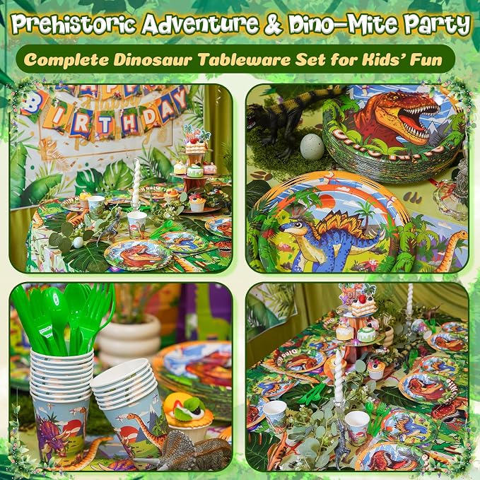 Daidle Birthday Party Supplies Kit for 24 Guests - for Dinosaur Birthday Decorations, with Banner & Tablecloth, Plates, Cups, Napkins and Cutlery, 1st Dinosaur Party Decorations for Kids