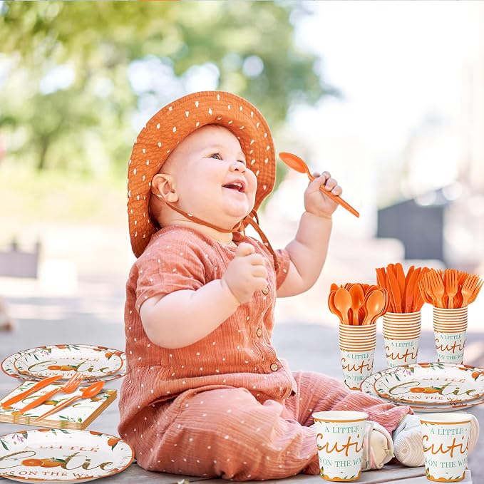 Dandat 350 Pcs Baby Shower Plates Set Baby Shower Party Supplies Serves 50 Tableware Sets Include Plates Napkin Cup Forks Knives Spoons Disposable Dinnerware(Little Cutie,Orange)