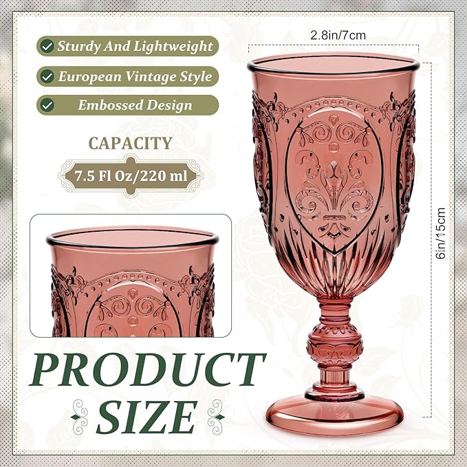 Wiwiqing 24 Pcs Plastic Goblets 7.5oz Vintage Goblet Plastic Wine Glasses Colored Retro Embossed Water Goblets for Wine Bar Juice Baby Shower Wedding Reception Grand Event Party (Mixed Color)