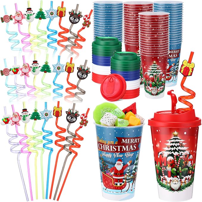 Maxcheck 24 Sets 16 oz Christmas Party Favors Goodie Cups with Colorful Lids and Straws for Birthday Decorations Reusable Plastic Candy Cups Bulk Plastic Straws for Birthday Party Celebration Gifts