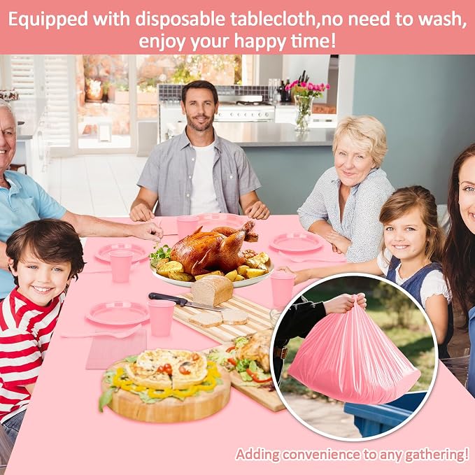 Pink Plastic Plates for Party,30 Guest Disposable Plastic Plates Set 9" Plates,7" Dessert Plate,Napkins,Cups,Forks & Tablecloth for Birthday Wedding Baby Shower,Girlfriends Tea Party
