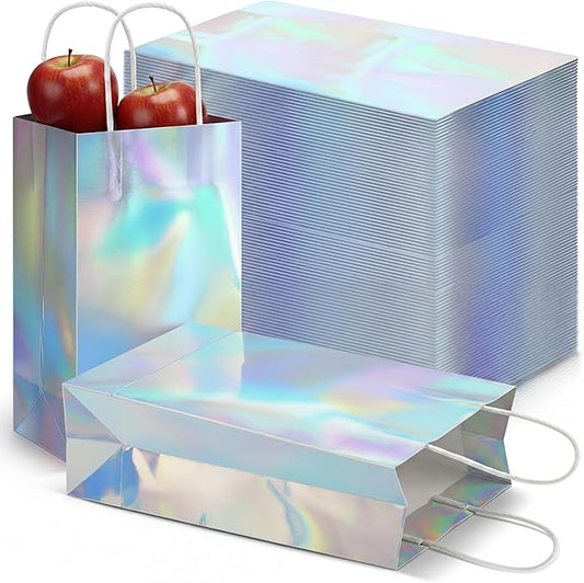 Iridescent Gift Bag Bulk Thickened Holographic Party Favor Bag with Handle 8.3 x 5 x 3.2in Glossy Paper Candy Goodie Flower Handbag Kpop Disco Wedding Bridal Birthday Graduation Party Supplies(30 Pcs)