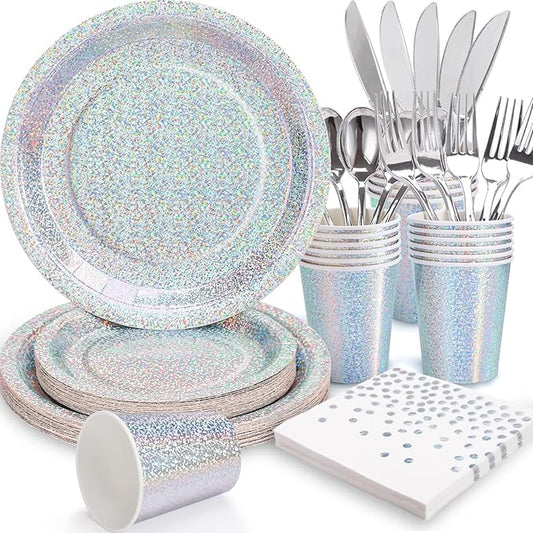 Iridescent Plates Party Supplies-168pcs Iridescent Party Decorations includes Holographic Plates Silver Dot Napkins and Silverware Set for Disco Winter Birthday Party Decorations Serves 24