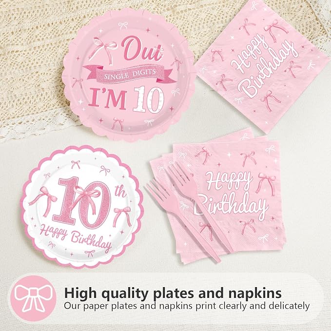 96Pcs Pink Bow Party Supplies Coquette 10th Birthday Party Plates and Napkins Disposable Bow Themed Tableware Set for Girl Happy 10th Birthday Baby Shower Decorations, Serves 24