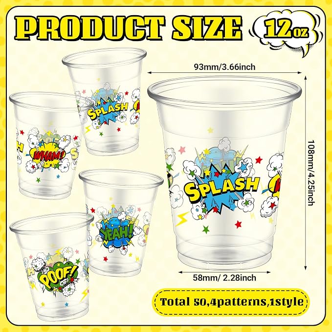 FoldTier 50 Pcs Hero Cups 12 oz Plastic Hero Birthday Cups Clear Theme Disposable Glasses Super Theme Beverage Glasses for Home Kitchen Birthday Party Favors Supplies Decoration