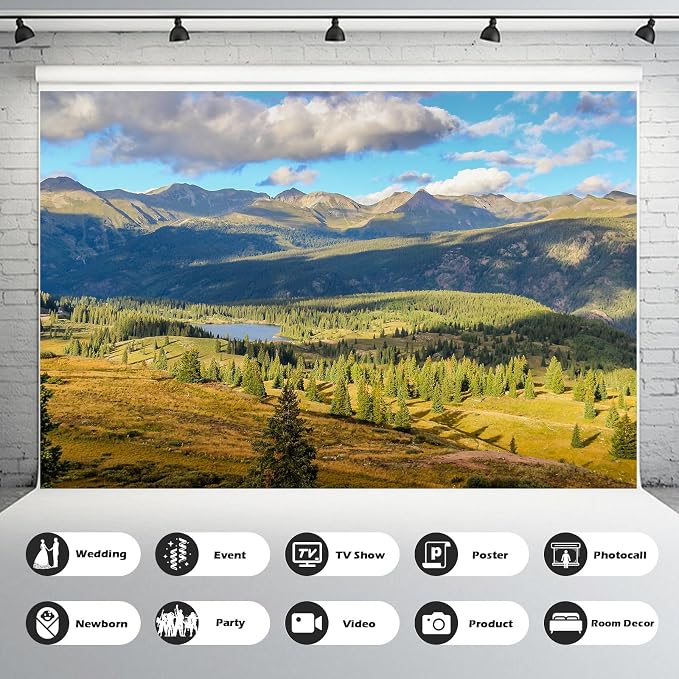 Mountains Lake Backdrop Pine Trees Forest Natural Landscape Photography Background Outdoor Hiking Camping Backdrop Cloudy Blue Sky Background Photo Portraits Video Studio Photo Booth Props 15x10ft