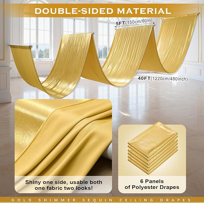 30ftx40ft Gold Ceiling Curtain for Wedding Parties – 6 Panels Wrinkle-Free 40 FT Long Tent Draping Curtains for Wedding, Birthday & Theme Parties, 40ft Height with Rod Pocket