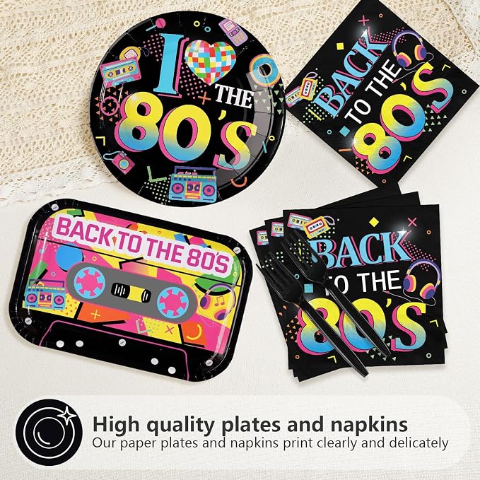 96Pcs Back to the 80s Birthday Party Decorations, Serve 24 | Back to the 80's Theme Plates and Napkins Tableware Sets Retro Colorful Hip Hop Decorations for Anniversary 1980's Supplies