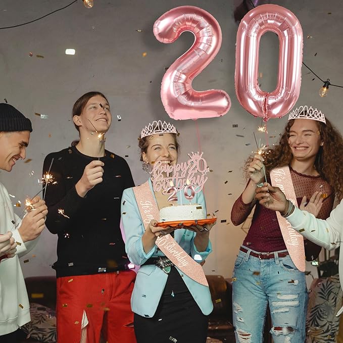 20th Birthday Decorations for Women, Including 20th Birthday Sash and Tiara, Cake Topper and Candles, Number Balloons, 20 Year Old Gifts for Women