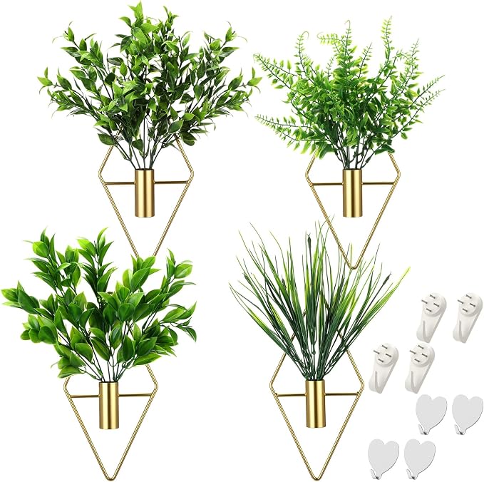 Hanaive 4 Sets Boho Wall Decoration Metal Wall Art Hanging Planters with Artificial Pampas Display Modern Home Vase for Bedroom Home Office(Brisk,Green)