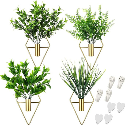 Hanaive 4 Sets Boho Wall Decoration Metal Wall Art Hanging Planters with Artificial Pampas Display Modern Home Vase for Bedroom Home Office(Brisk,Green)
