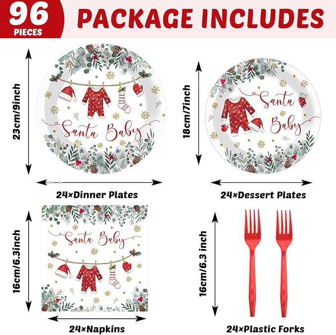 96 Pcs Christmas Baby Shower Party Plates Napkins Santa Clothes Tableware A Santa Baby Is On The Way Plates Napkins Christmas Shower Supplies Xmas Party Dinnerware Set Decorations for 24 Guests