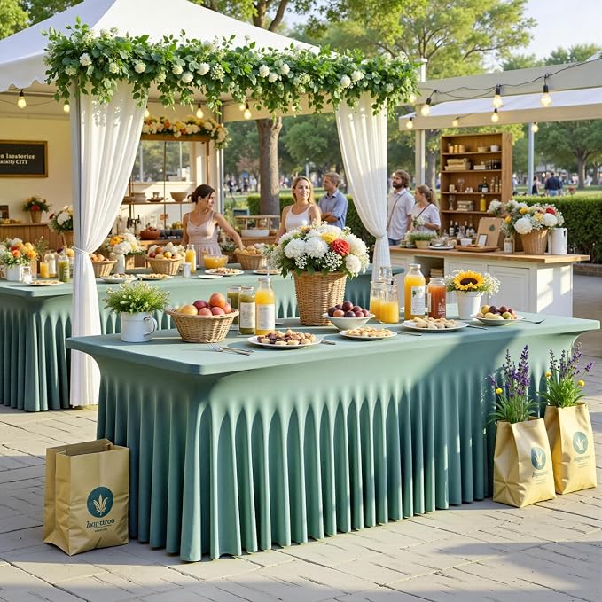 NSSONBEN 2 pk Sage Green Spandex Tablecloth for 8 Foot Rectangle Tables,Wrinkle Free Fitted Spandex Table Covers 8ft Stretch Table Cloths with Ruffle Skirt for Parties Weddings Banquet Baby Shower