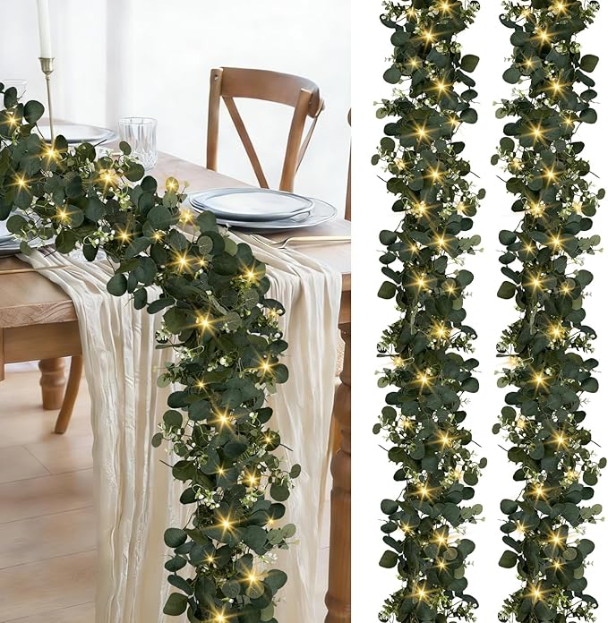 Eucalyptus Garland with Lights, 2 Packs 6FT Artificial Lighted Garland, Spring Summer Green Faux Garlands for Indoor Outdoor Home Decor Table Runner Wedding Arches Centerpieces Backdrops Decor