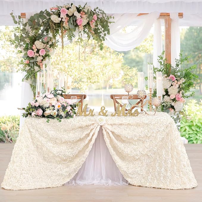 Ivory Rosette Tablecloth Wedding Decoration 50x80Inch Satin Tablecloth Flower Table Cover for Wedding Baby Shower Home Party Table Decoration