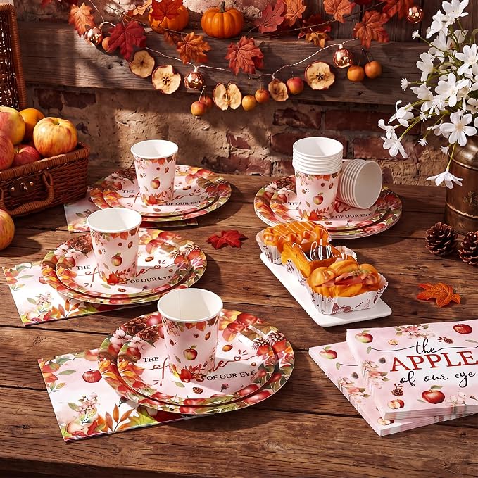 Domensi 250 Pcs Fall Apple Baby Shower Decoration Apple of Our Eye 1st Birthday Party Paper Plates and Napkins Disposable Tableware Sets for Fruit Theme Baby Shower Decors Party Supplies